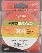 Шнур плетёный Ayashi Pro Braid-X4 (fluo yellow) 0,18 мм, 100 м