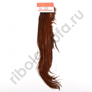 Половинка петушиного седло Whiting Silver Midge 1/2 Saddle Grizzly dyed Brown