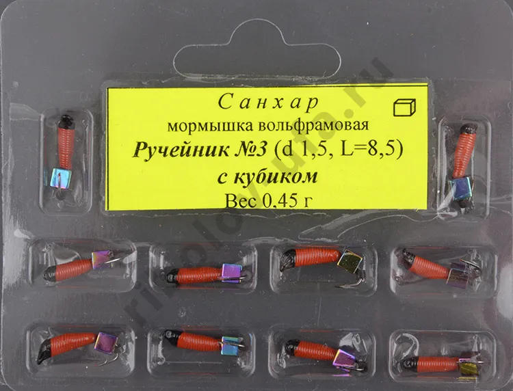 Мормышка вольфрам. Санхар Ручейник №3 кубик хамелеон,1.5/8.5 мм, 0.45гр красный (10 шт/уп)