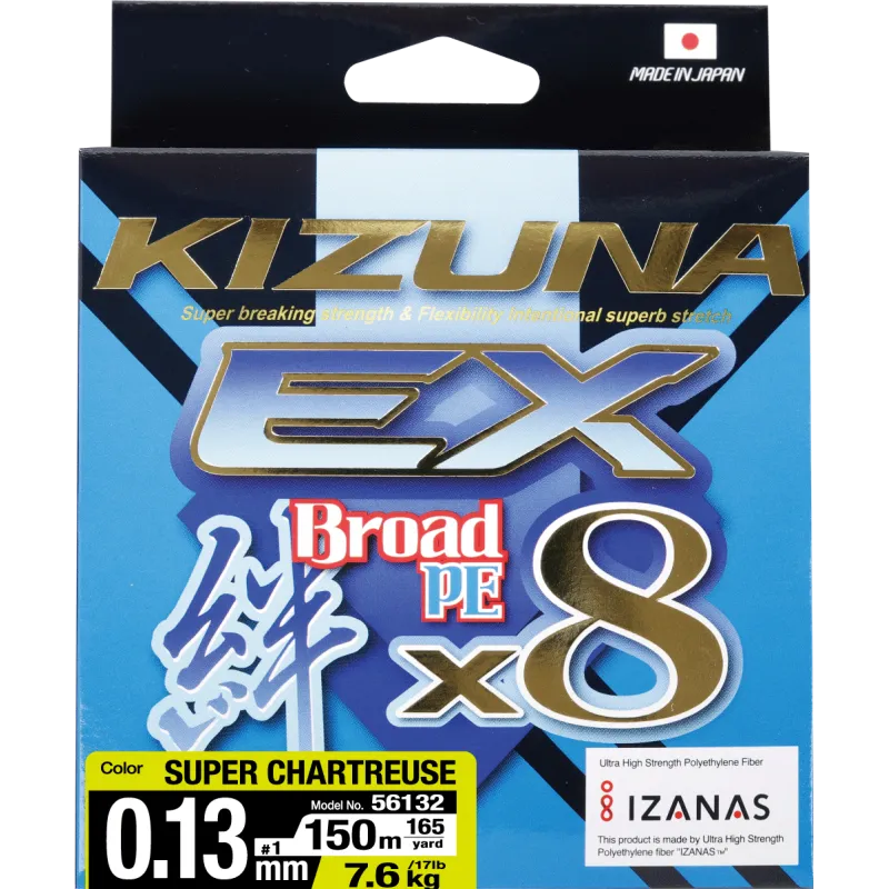 Шнур плетёный Owner Kizuna EX Broad PE X8 150m super chartreuse 0,13mm, 7.6kg