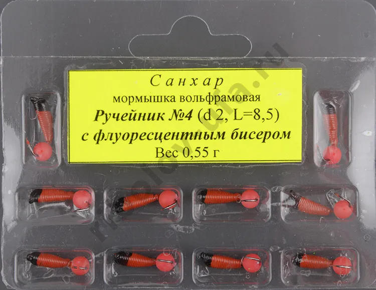 Мормышка вольфрам. Санхар Ручейник №4 флуоресцентный шар,2.0/8.5 мм, 0.55гр красный (10 шт/уп)