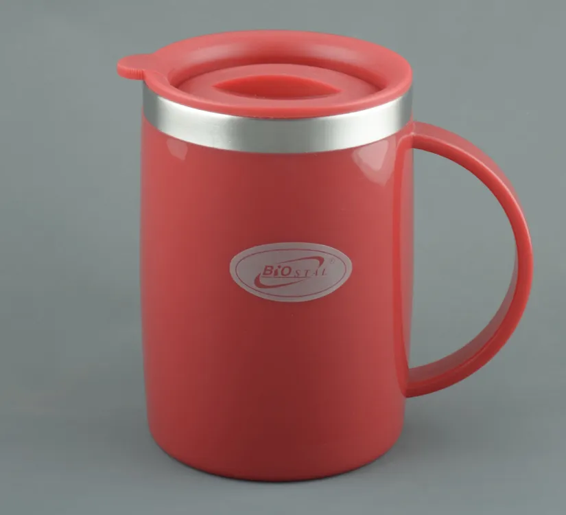 Кружка Biostal с крышкой цвет Красный. пласт.прямая 0,5л. (NE-500)