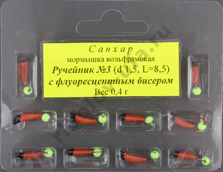 Мормышка вольфрам. Санхар Ручейник №3 флуоресцент. шар,1.5/8.5 мм, 0.4гр красный (10 шт/уп)