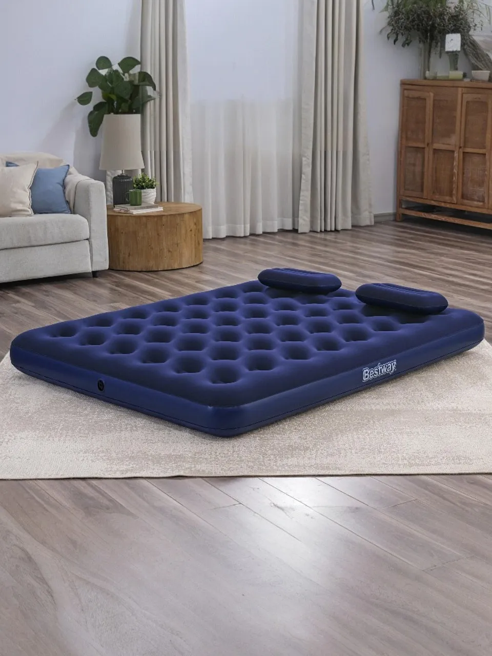 Матрас BestWay флок 152*203*22см с 2подушками, механич.насос