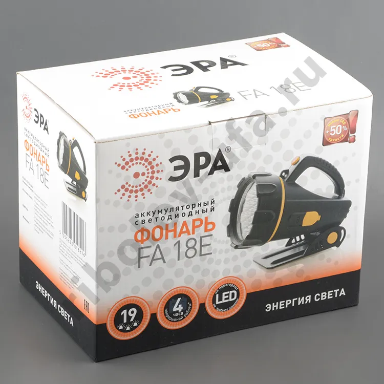 Фонарь Era прожектор (акк. 6V 2Ah) 19 св/д черный+желтый/пластик, адаптер 220V, уп. картон (FA18E)