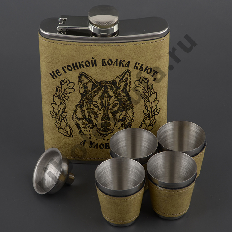 Набор фляжка (кожа) 240мл + 4 стопки + воронка А07 Helios