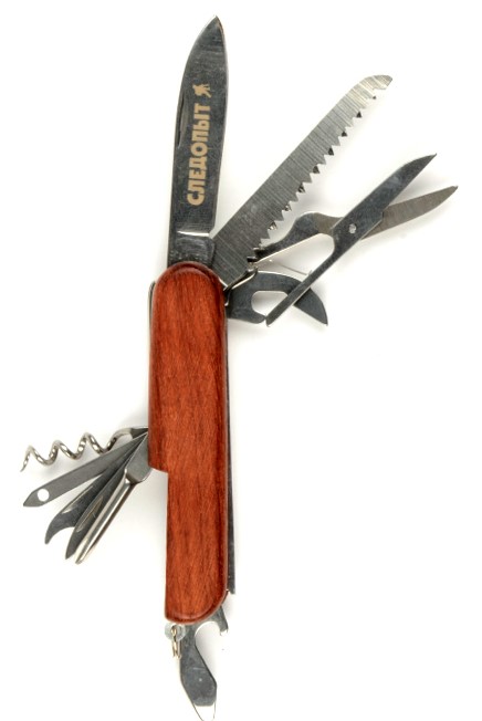 Мультитул Следопыт с карабином, 11 предметов ,деревянная ручка PF-MT-12