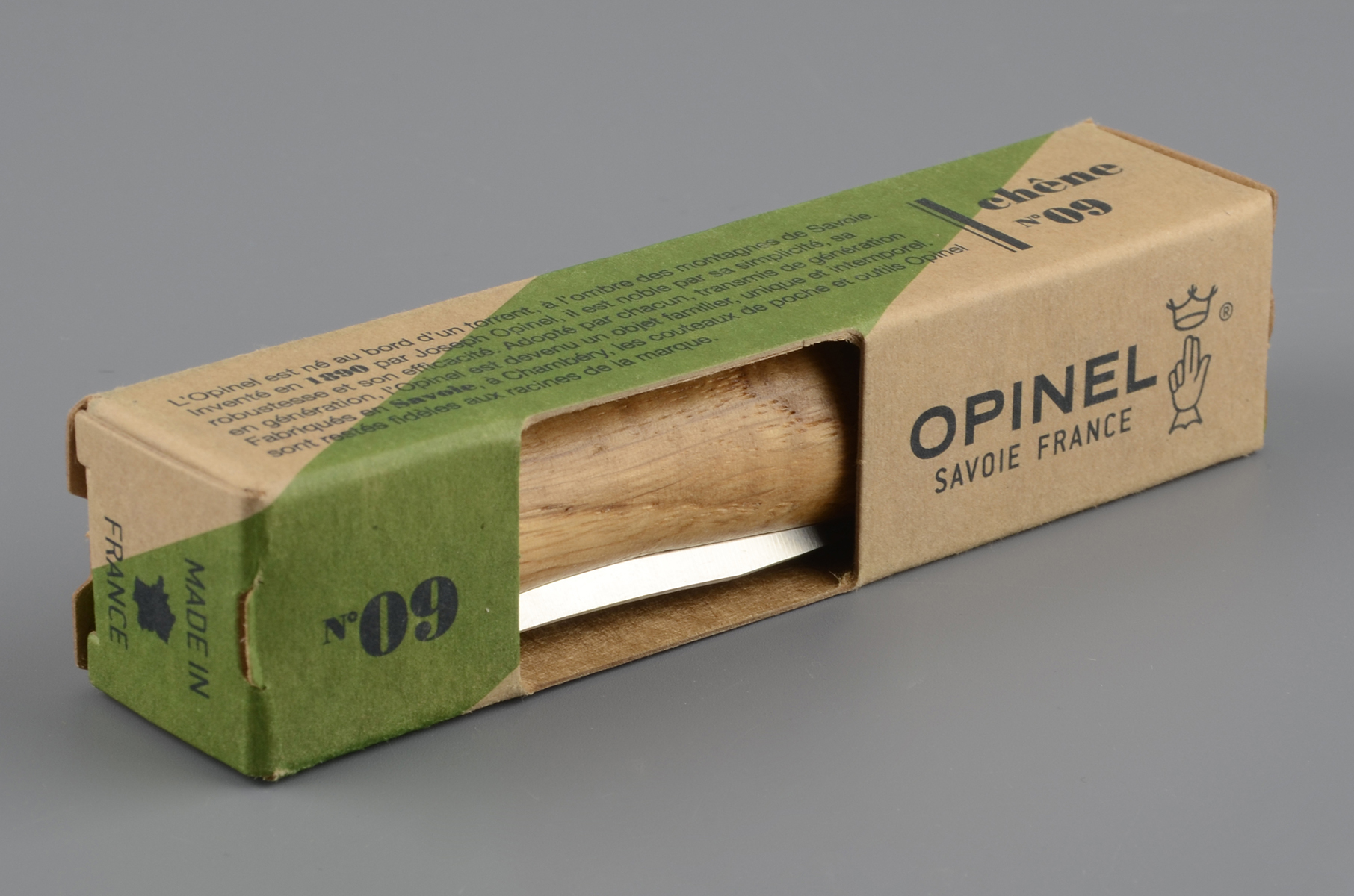 Нож Opinel 9 нержавеющая сталь, дубовая рукоять в картон.коробке