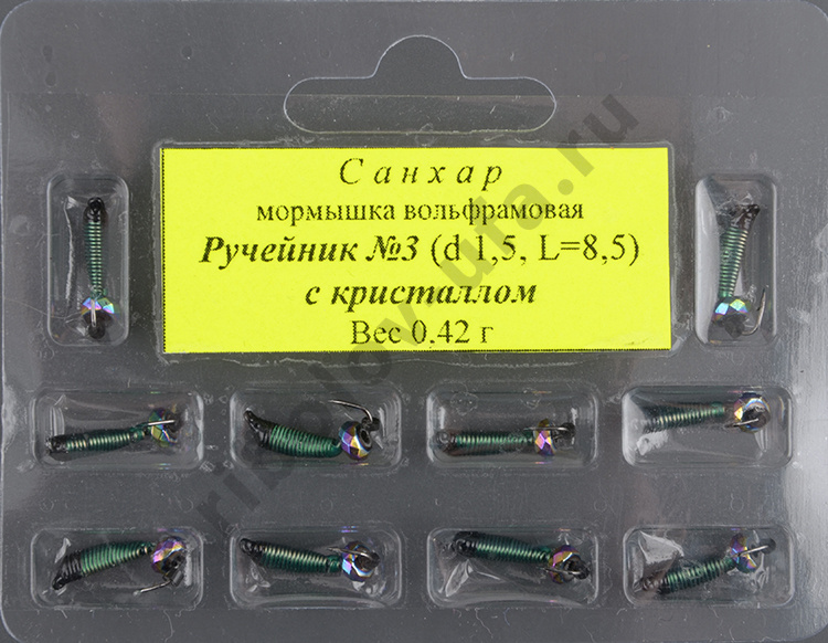 Мормышка вольфрам. Санхар Ручейник №3 кристалл хамелеон,1.5/8.5 мм, 0.42гр зеленый (10 шт/уп)