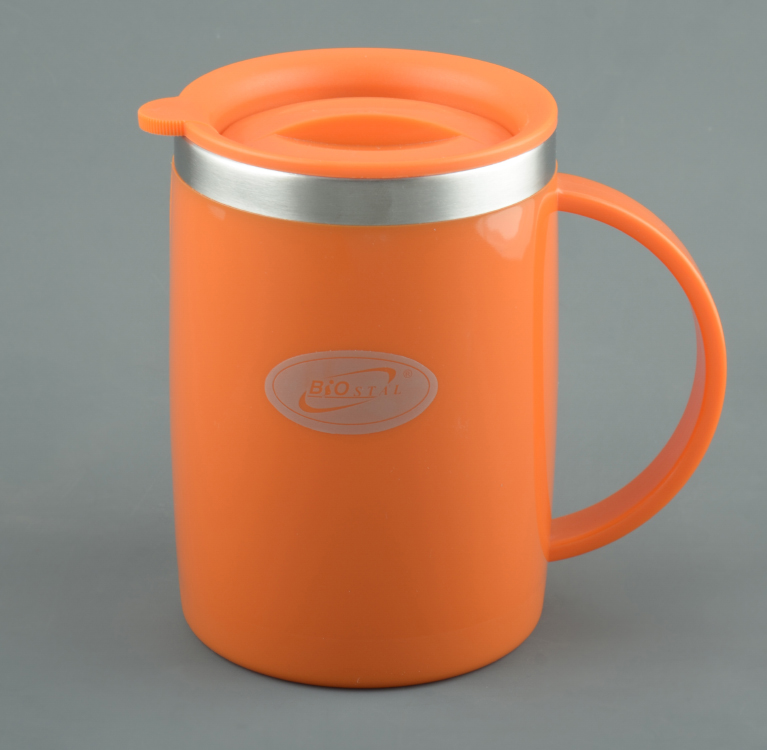 Кружка Biostal с крышкой цвет Оранж. пласт.прямая 0,5л. (NE-500)