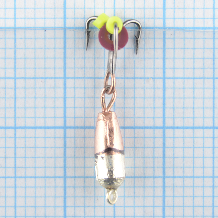 Мормышка Золотой плёс вольфрамовая точеная Чертик 3 с петлей на тройнике,0,75гр, 8мм медь-серебро