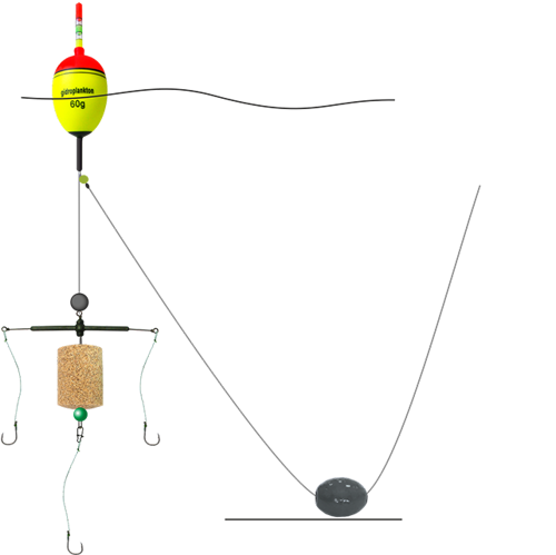 Снасть на толстолобика №2, Т-обр. оснастка, 3крючка iseama №15, Eva-поплавок 60гр, груз 40г