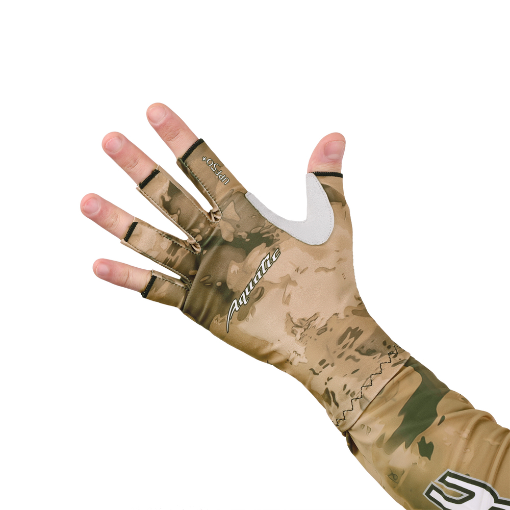 Перчатки Aquatic для рыбалки летние  UPF50+ (цвет: Sand Camo, размер L/XL)