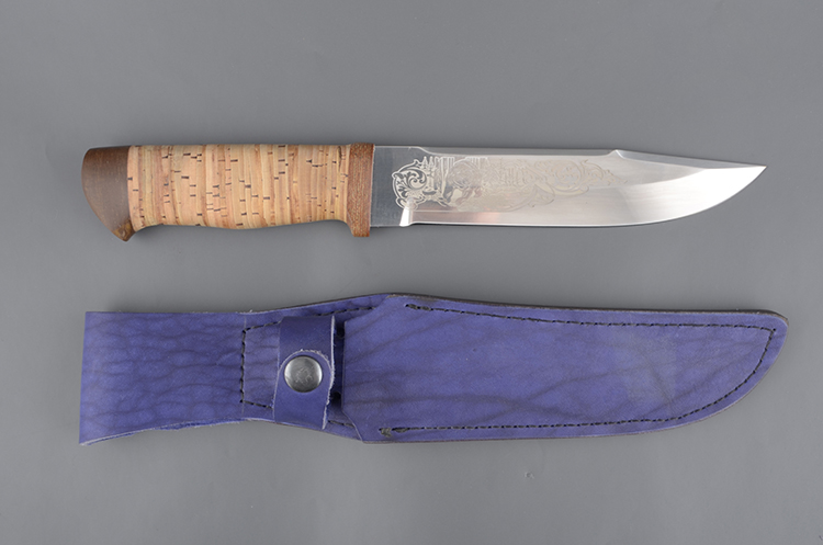 Нож Таежный (С) Охотник, рукоять: береста наборная, чехол: синяя кожа