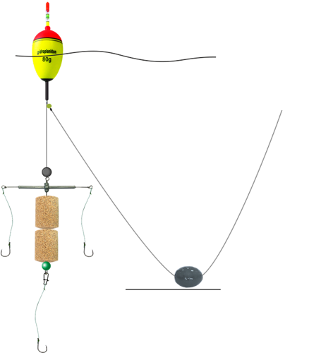 Снасть на толстолобика №3, Т-обр. оснастка д/2х таб, 3крючка iseama №15, Eva-поплавок 80гр, груз 40г