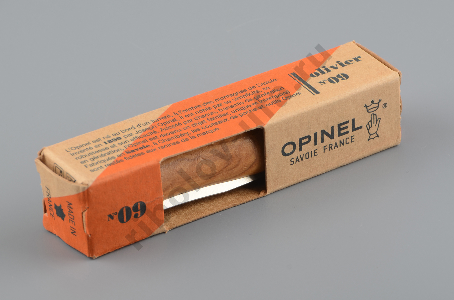 Нож Opinel 9 нержавеющая сталь, рукоять из оливкового дерева в картон.коробке