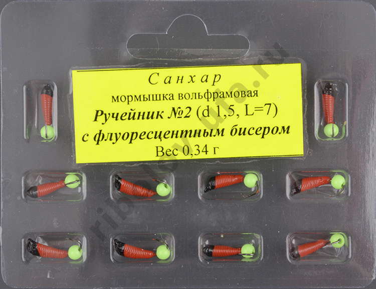 Мормышка вольфрам. Санхар Ручейник №2 флуоресцентный шар,1.5/7 мм, 0.34гр красный (10 шт/уп)