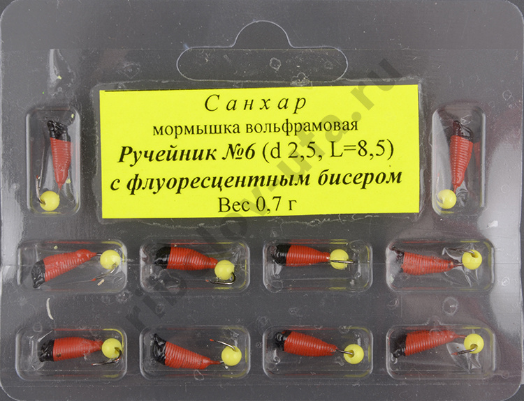 Мормышка вольфрам. Санхар Ручейник №6 флуоресцентный шар,2.5/8.5 мм, 0.7гр красный (10 шт/уп)
