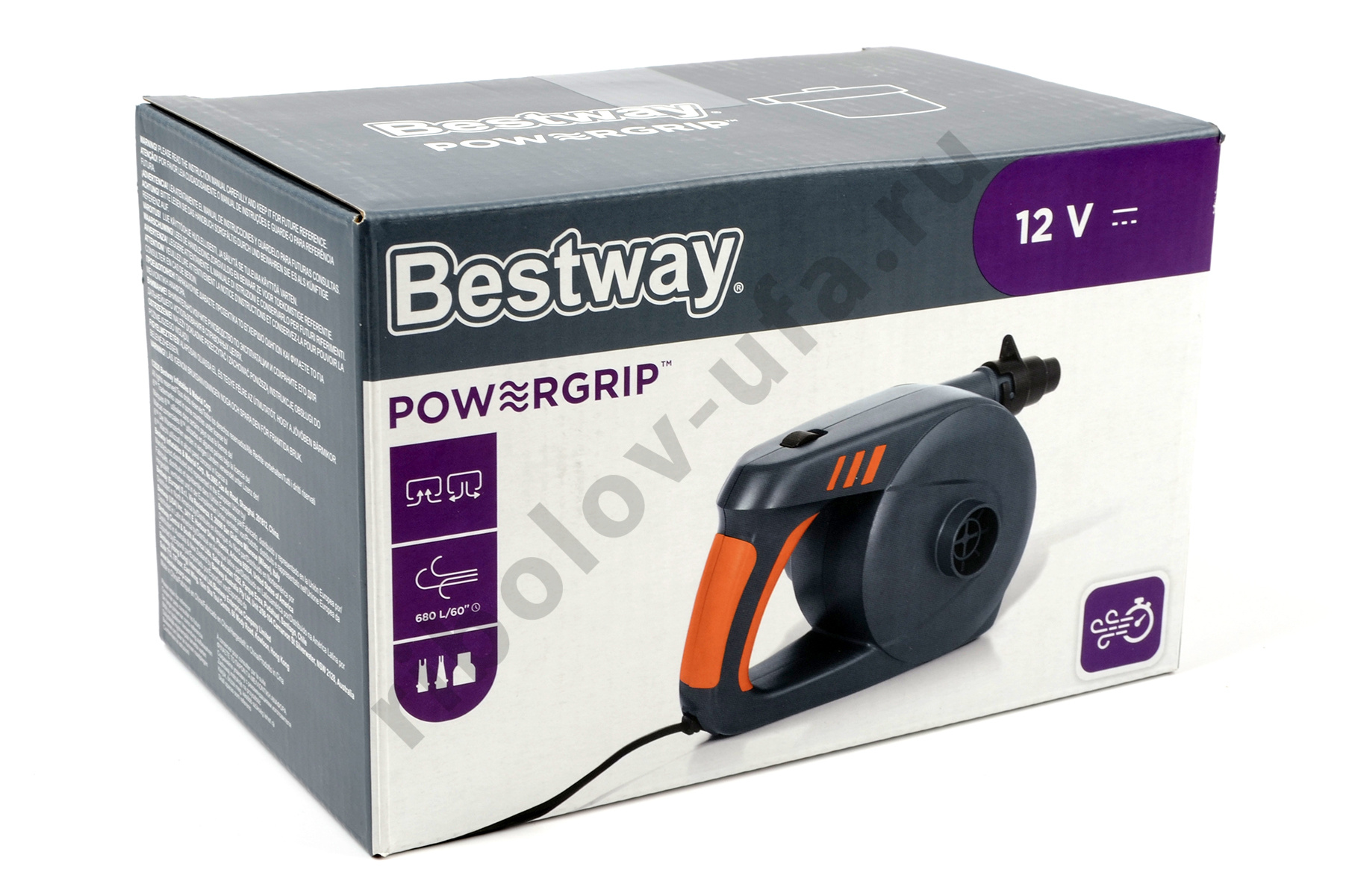 Насос электрический Bestway 12B Power Grip (от прикуривателя) 680л, 3насадки, надувание/сдувание