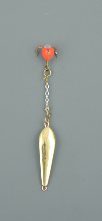 Блесна зимняя Пирс Окуневая малая с чёртиком на цепочке латунь (в блистере)