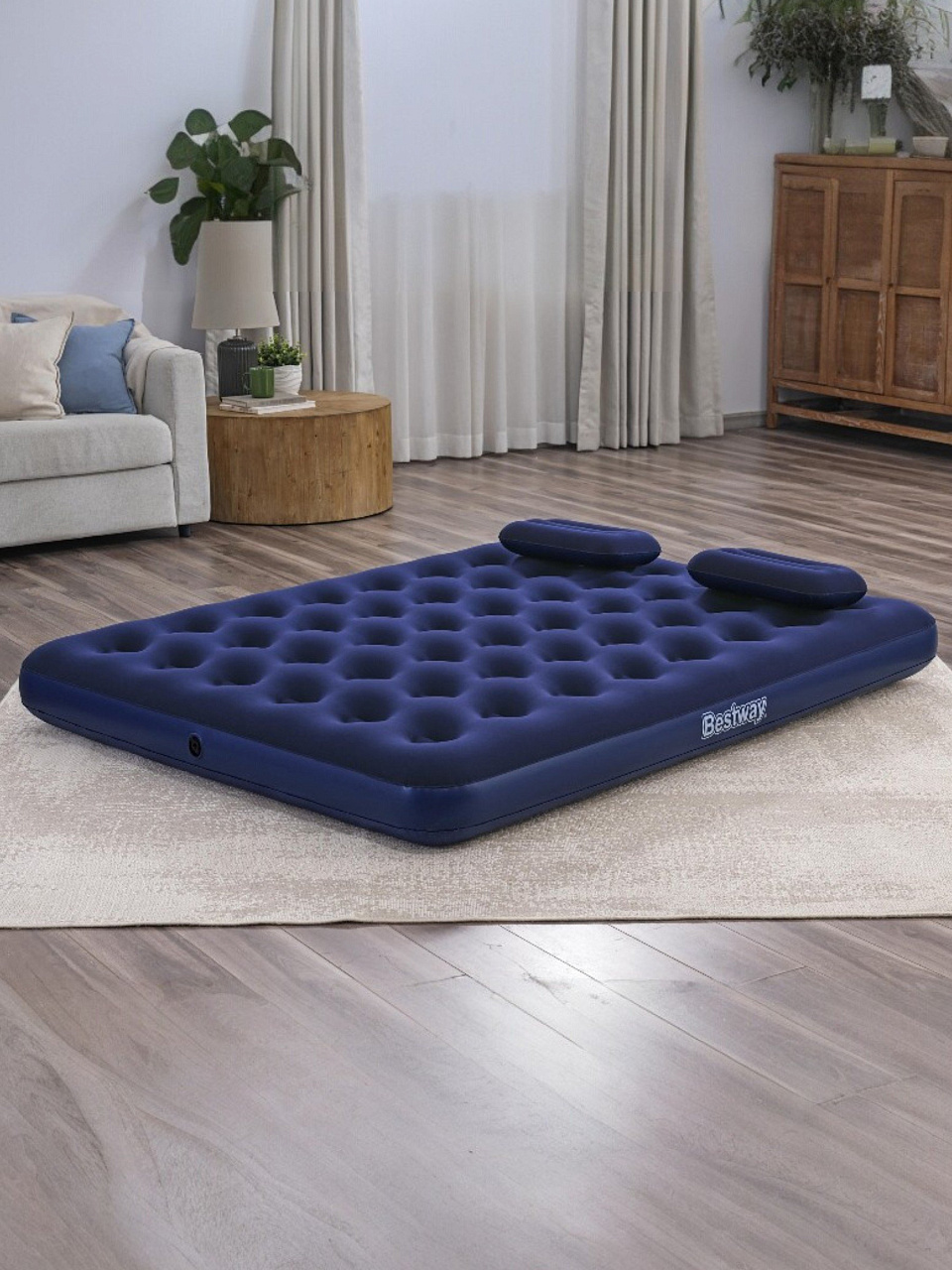 Матрас BestWay флок 152*203*22см с 2подушками, механич.насос