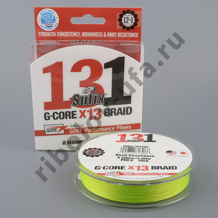 Шнур плетёный Sufix 131 G-Core 13 braid 150 м 12.7 кг 0.205мм ярко-зеленая