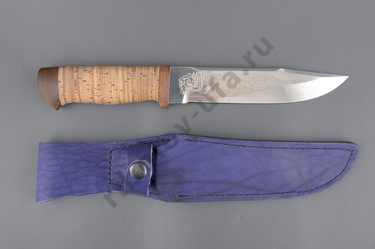 Нож Таежный (С) Охотник, рукоять: береста наборная, чехол: синяя кожа