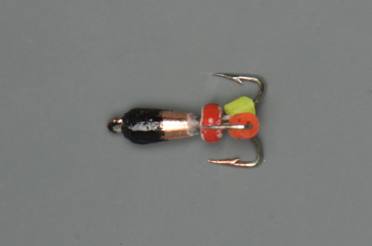 Мормышка Золотой плёс вольфрамовая точеная Чертик 2 с петлей маленький 0.15 гр, медь-черное