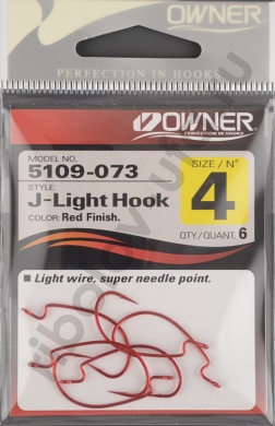 Офсетный крючок Owner 5109 Red №4 J-Light Hook