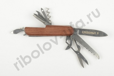 Мультитул Следопыт с карабином, 11 предметов ,деревянная ручка PF-MT-12